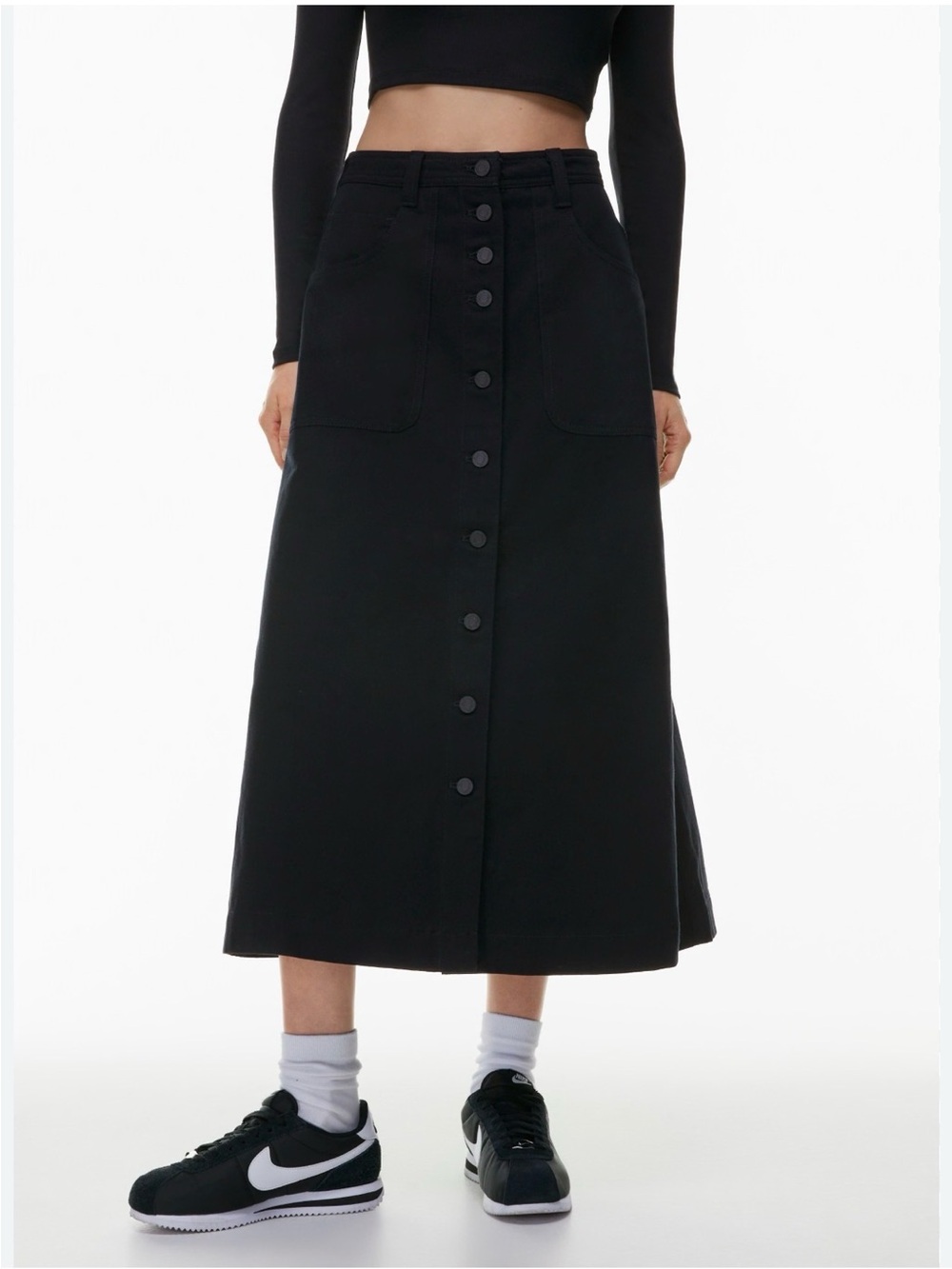 Sunday Best Cynthia Black Button-Front Midi Skirt with Patch Pockets